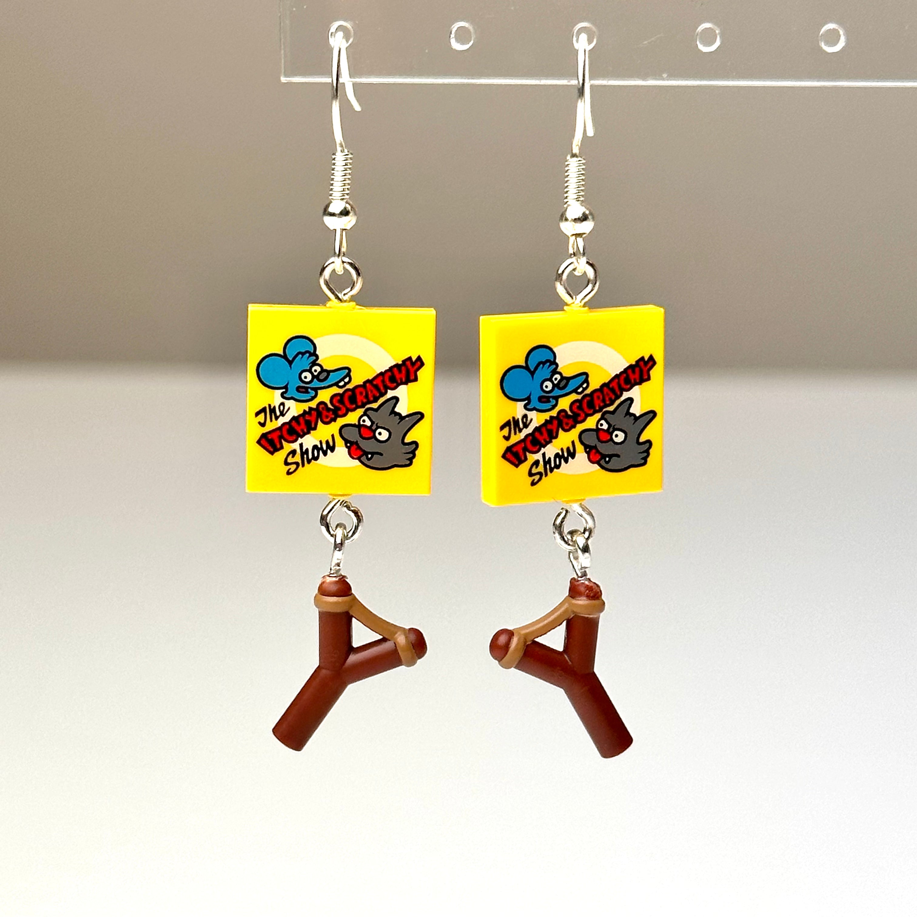 StudBee - Bart Simpson Inspired Earrings, Itchy & Scratchy Cartoon Slingshot 90's Retro Jewelry, Handmade with Lego® - StudBee
